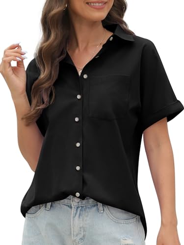 CUNLIN 100% Cotton Short Sleeve Shirts for Women Button Down Shirt Womens Blouses Casual Summer Tops with Pockets