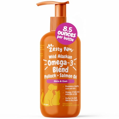 Zesty Paws Wild Alaskan Omega-3 Blend Pollock + Salmon Oil for Dogs and Cats- Skin and Coat Support, Omega 3 Supplement for Pets, 8.5oz