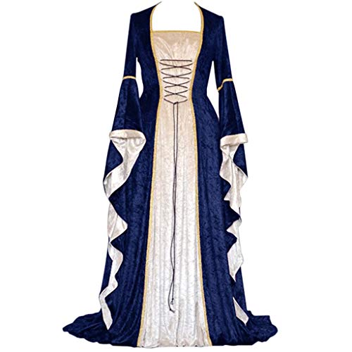 Renaissance Dress,Forthery Womens Medieval Costume Dress Lace up Irish Over Long Dresses Cosplay Retro Gown(Navy,L)