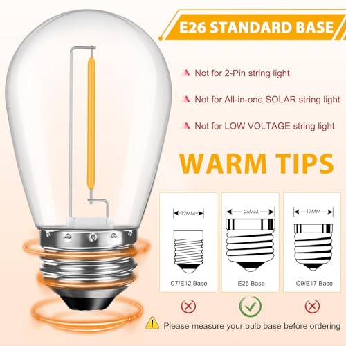 GvvooHome 24 Pack LED S14 Replacement Light Bulbs, Waterproof 1W Vintage Edison Bulbs for Outdoor Patio Backyard String Lights, Dimmable, E26 Regular Medium Screw Base, 2200K Warm White by GvvooHome - Image 2