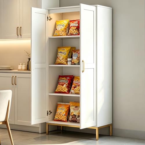 Image of IANUE Kitchen Pantry Cabinet,Kitchen Pantry with 2 Adjustable Shelves,4 Shelf Cabinet,Freestanding Floor Cabinet,Unit for Garage Storage,Pantry,Laundry Room,Organization and Storage,White