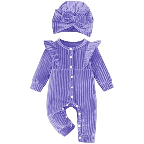 UNICOMIDEA Outfits For Babies 0-3 Months Long Sleeves Ruffles Newborn Bodysuit Mauve Clothes With Hat Buttons Jumpsuit For Baby Girl Comfort Homewear Cover