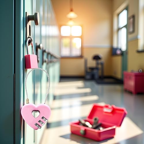 Image of Pink Combination Lock, 3 Digit Heart Shaped Wire Rope Padlock for School Gym Locker, Sports Locker, Fence, Toolbox, Case, Hasp Storage Combination Padlocks