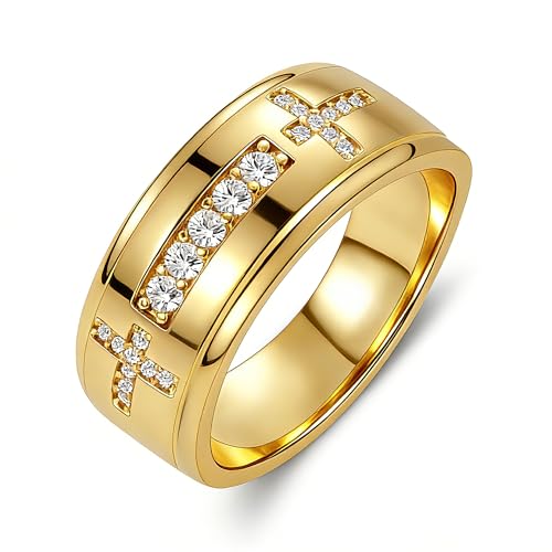 Nymerianoble Gold Rings Non Tarnish, Wedding Band for Man Chunky Rings Dad Birthday Gift Religious Gifts for Men Cross Ring Father in Law Gifts