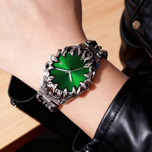 Image of CARLIEN Gothic Claw Watch for Men - Unique Stainless Steel Wristwatch, Luminous Hands, Waterproof Quartz Movement, Futuristic Melting Style, Cool Red & Green Color Options