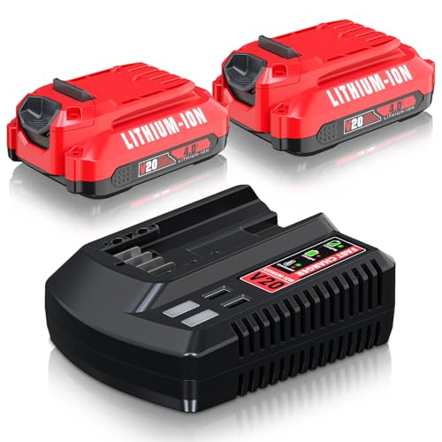 2Pack 20V 4.0Ah Replacement for V20 Craftsman 20V Battery Lithium Battery and Charger Kit for CMCB202 CMCB203 CMCB204 CMCB206 CMCB201 CMCB100 CMCB124 with CMCB104 Craftsman 20Volt Battery Charger