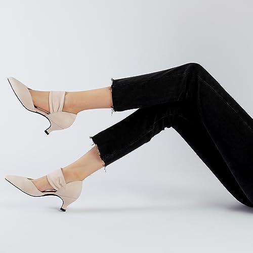 Image of RIBONGZ Kitten Heels for Women Closed Toe Comfortable Low Heels Pointed Toe Sexy Slip on Pumps Bridal Party Dressy Shoes