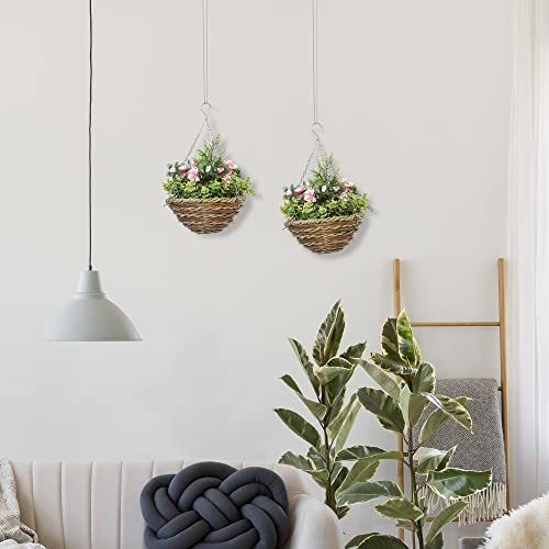 Outsunny Pack of 2 Faux Plant Artificial Lisianthus Flowers Hanging Planter with Basket for Indoor Decoration, Pink