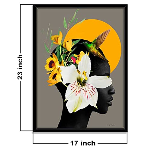 Image of PAINTINGMANTRA Marigold Yellow Girl Flower Bouquet Black Framed Canvas Print for Wall, Home and Living Room Decoration (Size - 23 x 17 Inchs)