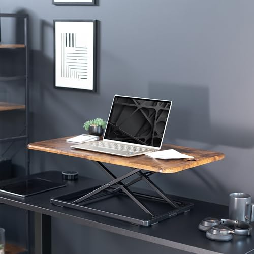 Image of VIVO Ultra-Slim 32 Inch Single Top Height Adjustable Standing Desk Riser, Compact Sit Stand Desktop Converter for Monitor or Laptop, Vintage Brown, DESK-V032JN