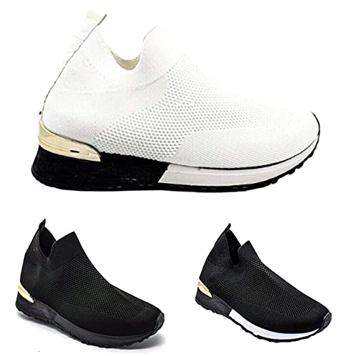 Ladies Classic Jogging Pumps Shoe Sock Wedge Trainers Women's Sneakers Slip On UK Size 3-8 (White, Numeric_8)