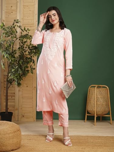 Image of BHARVITA Women's Cotton Blend Lucknowi Embroidered Chikankari Straight Kurta, with Pant Set