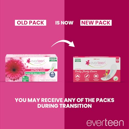Image of everteen Panty Liners for Women, 60 Liners 185mm with Aloe Vera & Neem, Less than 1mm Ultra thin Cottony Soft Pantyliners, Prevents White Discharge & Rashes, Comfort on Non Period Days