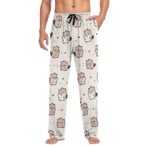 Men’s Happy Beaver Pajama Pants with Pockets, Comfortable Lounge Sleep Bottoms#5773