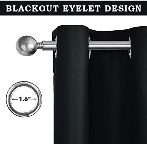 Aspire Homeware Blackout Curtains for Bedroom - Black Eyelet Living Room Curtains 66 x 54 inch Drop - Thermal Insulated Ring Top Window Treatments Black Out Kitchen Curtain + 2 Matching Tiebacks