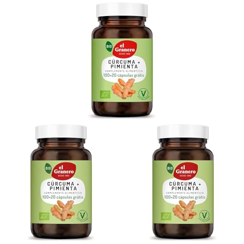El Granero Integral - Complemento Alimenticio - Cúrcuma + Pimienta Bio - 120 Cápsulas - a Base de Polvo de Raíz de Cúrcuma y Pimienta Negra - Efecto Antioxidante - Ideal para Deportistas