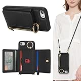 SunYoo for iPhone SE 2022/2020 iPhone 8 Case with Card Holder,for iPhone 8 Wallet Case for Women with Strap Crossbody Lanyard Stand Ring,PU Leather Zipper Pocket Phone Cover-Black
