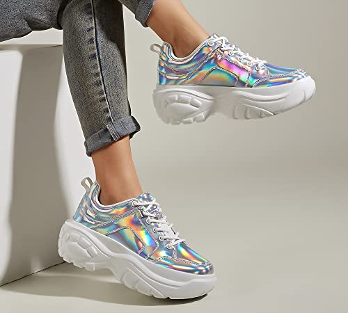 Image of LUCKY STEP Women Chunky Platform Dad Colorblock Casual Lace-Up Walking Sneakers