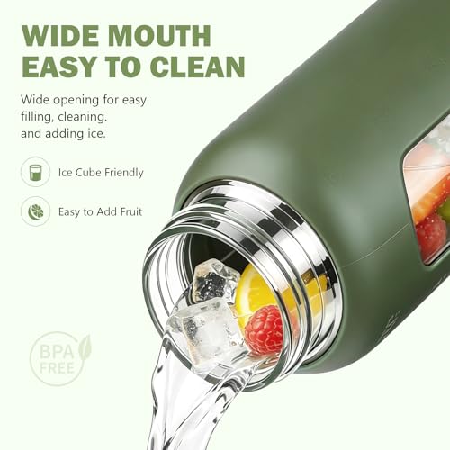 Image of 32 oz Glass Water Bottle with Straw - 2 Lids (Bamboo & Spout Lid), 1L Motivational Borosilicate Glass Daily Water Intake Bottle with Time Marker, Silicone Sleeve for Home Office-Olive