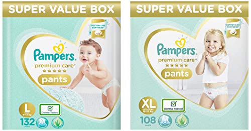 Pampers Premium Care Super Value Box Pack, Large, 132 Count&Pampers Premium Care Super Value Box Pack, XL, 108 Count