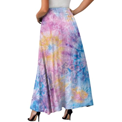 Womens Long Skirts Casual Hig Waisted Elastic Band A Line Ruffle Swing Skirt with Pockets Size S-2XL2