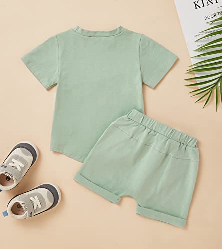 Newborn Baby Boy Summer Outfits Short Sleeve Color Block T-Shirt Tops & Pocket Pant Set Elastic Solid Color Shorts Sets 2Pcs(Blue,12-18 Months) #TOP2