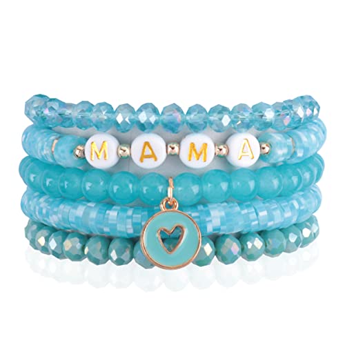 Image of RIAH FASHION Inspirational Multi Layer Bead Stacking Strand Stretch Statement Bracelets - Religious Message, Boho Wood Slip-on Cuff Christian Prayer Bangle Set
