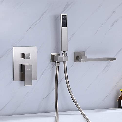 Grifo para bañera de montaje en pared con ducha de mano, grifo moderno de latón macizo con giro de 180°, acabado en níquel cepillado miniatura 6