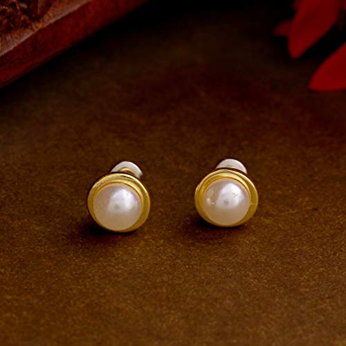 Image of Gehena By Estele - Gold Tone Classic Pearl Stud Earrings for Women, Girls