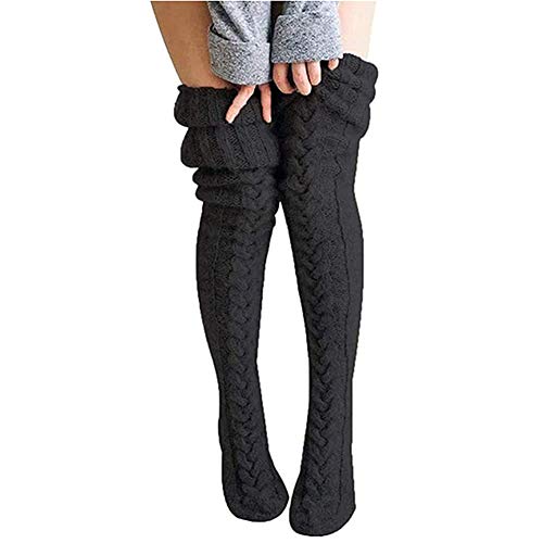 Women's Cable Knit Thigh High Boot Socks Extra Long Winter Stockings Leg Warmers (Black)