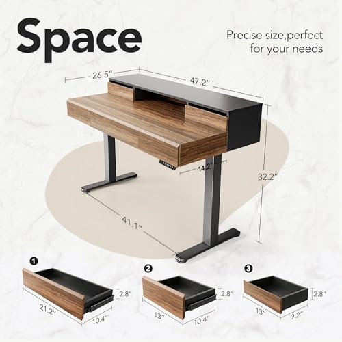 Image of HUANUO Standing Desk with Drawers, 48 Inches Electric Height Adjustable Desk with Storage, Whole-Piece Board Sit Stand Up Desk with Monitor Shelf, Black Walnut