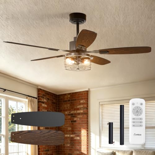Image of Amico 52 inch Ceiling Fans with Lights, Caged Ceiling Fan with Light and Remote Control, Dimmable, 3CCT, Quiet, Black Farmhouse Ceiling fan For Living Room, Bedroom, Kitchen, Patio Indoor /Outdoor Use