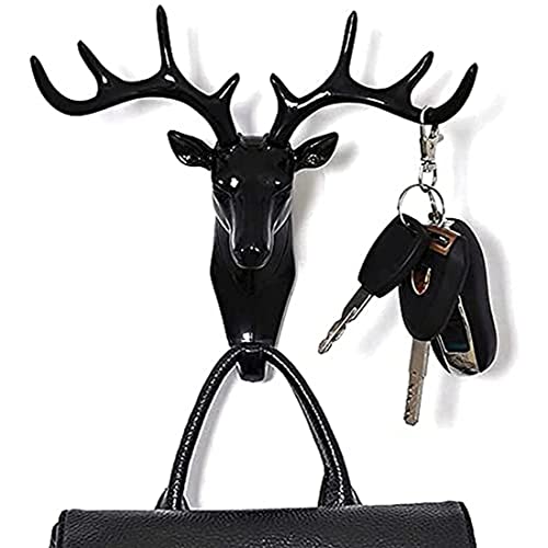 Image of Deer Head Hook, Self Adhesive Wall Door Hook Hanger Bag Keys Sticky Holder Wall Mount (Black), Plastic, Pack of 1 (18.5 cm x 16.5 cm)