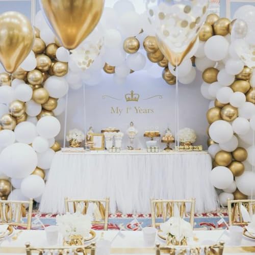 Image of PartyWoo White and Gold Balloons, 140 pcs White and Metallic Gold Balloons Different Sizes Pack of 18 Inch 12 Inch 10 Inch 5 Inch for Balloon Garland or Arch as Birthday Decorations, Party Decorations