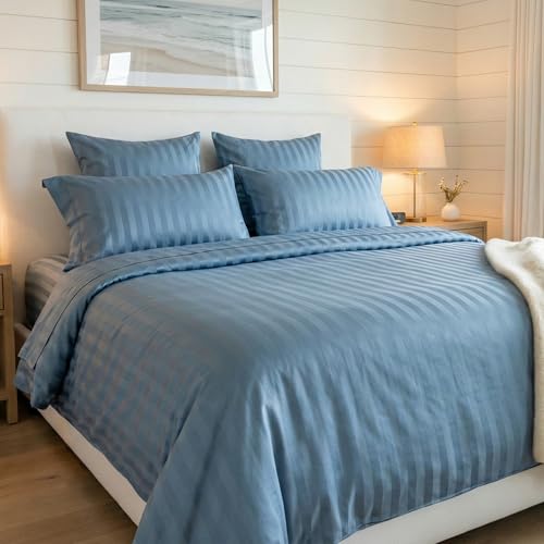 Image of Naksh Bedsheet for Double Bed King Size Stripes 210 TC with 2 Pillow Covers | 100% Pure Cotton Bedsheets | Breathable Fabric for Cool, Comfortable Sleep | King Size Bed Sheet Cotton | Jean Blue |
