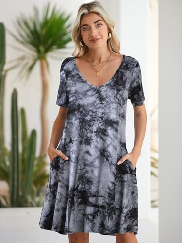 Image of BELAROI Women Casual Summer Dresses Loose Tshirt Beach Sundress V Neck Plus Size Swing Tunic Pockets