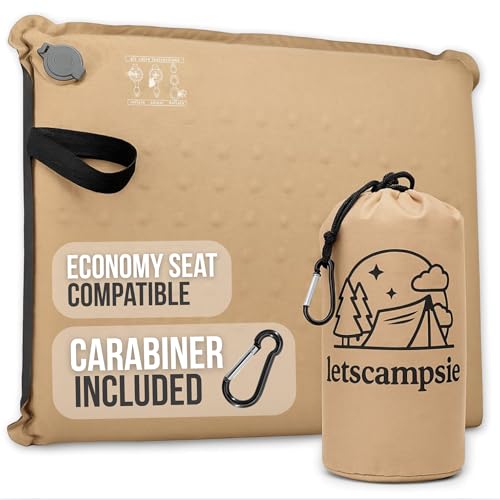 LetsCampsie Inflatable Seat Cushion – Stadium, Airplane & Travel Comfort - 2 Inch Thick Self-Inflating Foam, Perfect for Bleachers, Camping, Office, Car - Includes Travel Bag and Carabiner
