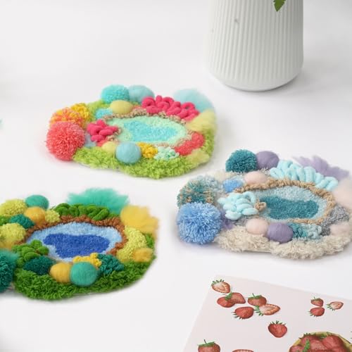 Image of YFWLMNY Rug Hooking Green and Blue,Moss Punch Needle Kit,Moss Landscaping Series DIY Kit Including Embroidery Hoops, Punch Needles, Scissors, hot melt Glue and Wool