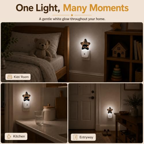 Image of Rustic Woodland Bear Plug in Star Night Light, Night Light with Sensor for Kids Nursery Bedroom, Decorative Soft Glow Lamp for Hallway Bathroom, Energy Saving