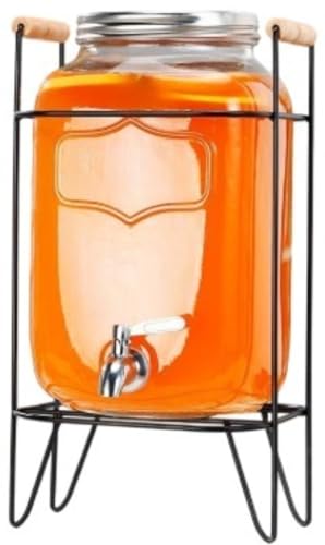 EVREFINジュース、ビール、保存容器、密閉缶用のタップ付き大容量ガラス飲料水差し (4L,鉄フレーム+ステンレス製蛇口)