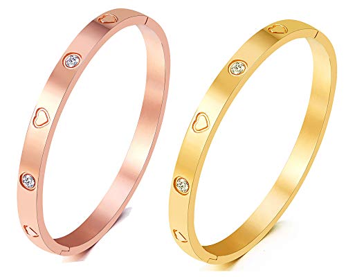 MVCOLEDY Jewelry Gold /White Gold Plated Bangle Bracelet Heart Stone Stainless Steel with Crystal Bangle Bracelets for Women Jewelry Size 6.7 Inches (Rose Gold and Gold)