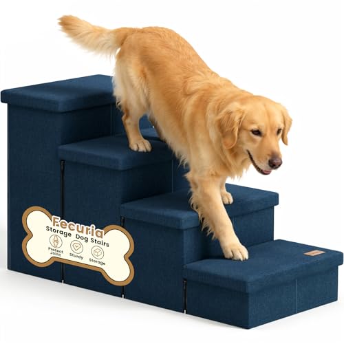 Fecuria 4-Step Wide Dog Stairs with Storage 23" H, Non-Slip Sturdy Pet Steps for High Bed Couch Window, Pet Stairs for Small/Medium/Large Old Dogs Cats Up to 220lbs, Cat Dog Steps for Car/SUV, Navy by Fecuria - Used condition - US$48.86