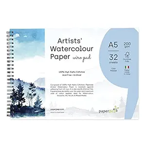 Artists' Watercolour Wiro Pads 200GSM Cold Pressed A5 32 Sheets for Watercolour, Gouache, Ink, Acrylic, Wet & Mixed Media, Art Painting, Drawing for Artists' & Amateurs