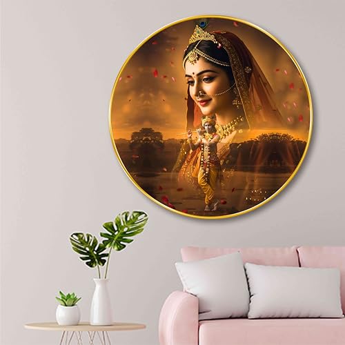 Image of SAF Radha Krishna Divine Aura Wall Painting - Spiritual Couple Artwork in Round Golden Frame | Eternal Love & Harmony Decor for Living Room, Bedroom, Pooja Room & Gifting (20 X 20 Inch) GRL-295