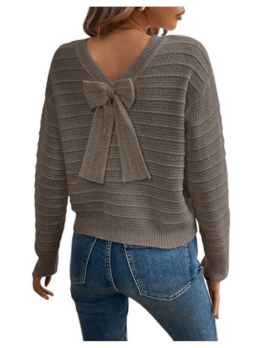 Image of MakeMeChic Women's Bow Sweater Drop Shoulder Crew V Neck Fall Sweaters Pullover Tops
