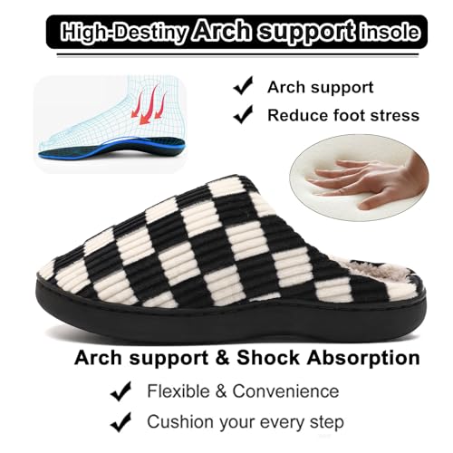 Image of Yueerlu House Slippers for Women Men, Fuzzy Checkered Mens Womens Slippers Warm Memory Foam House Shoes Indoor Outdoor with Faux Fur Lining
