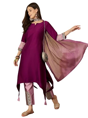 Image of EthnicJunction Women's Cotton Silk Embroidered Asymmetric Kurta Pant with Choker Dupatta Set | Wedding Outfit | Heavy | Kurta Set | Ethnic Set