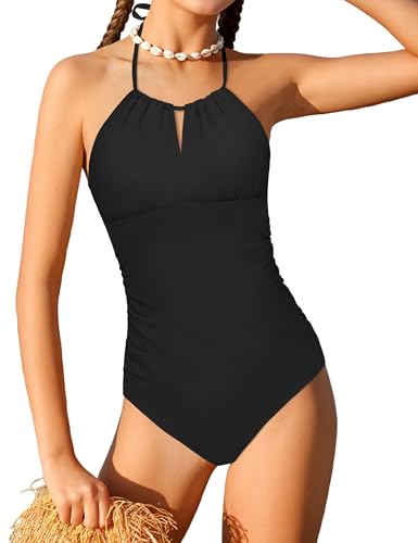 Girls Swimsuit One Piece Bathing Suits for Girls Halterneck Solid Belly Ruched Modest Padded Swimwear 9-16y