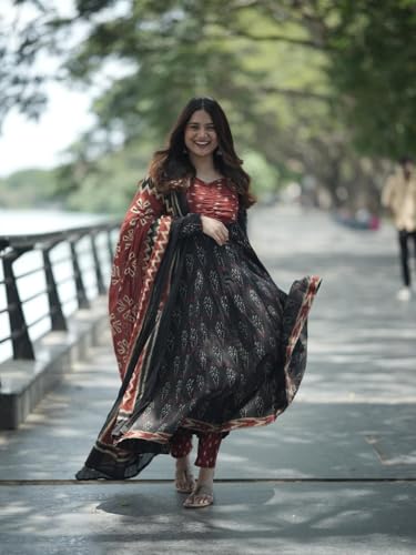 Image of ANNI Designer Women's Rayon Viscose Anarkali Kurta Set with Pant and Dupatta | Stylish Long Kurti Dress for Festive, Party, and Ethnic Wear