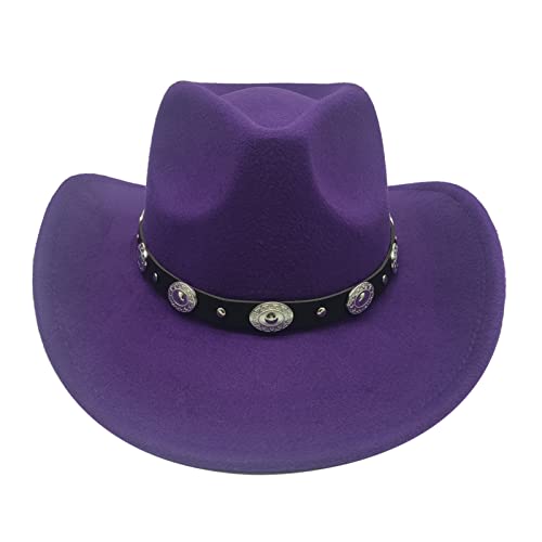 Image of Classic Western Cowboy Hat Cowgirl Hat Unisex Men's & Women's Wide Brim Felt Fedora Hat Flat Top with Buckle Belt